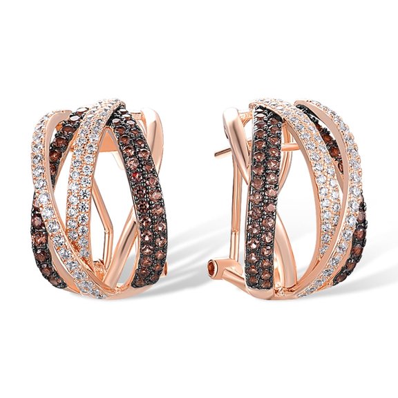 Santuzza Twisted Earrings 925 Sterling Silver Nano Brown Spinel White Cubic Zirconia Omega Back Earrings for Women