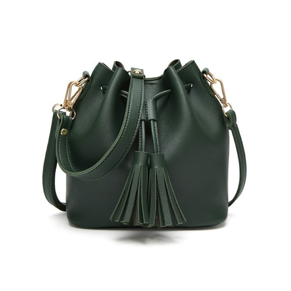 Sanviglor Crossbody Bag for Women Tassel Bucket Bag Drawstring Satchel Bag PU Leather Shoulder Handbag Green