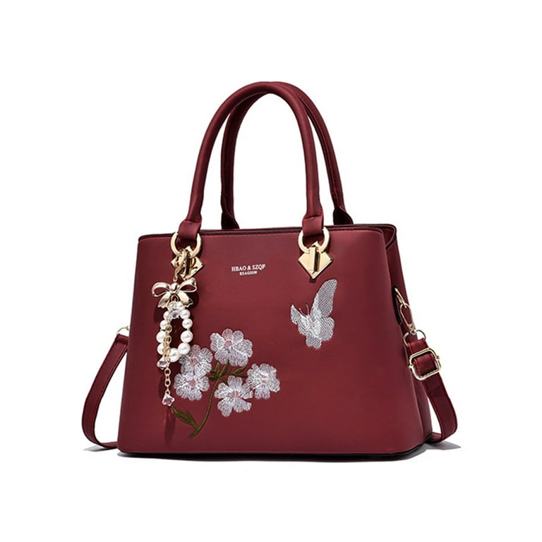 Sanviglor Ladies Handbag Top Handle Shoulder Bags Multi Pockets Portable  Tote Bag Large Capacity Women Crossbody Zipper PU Leather Floral Print Wine