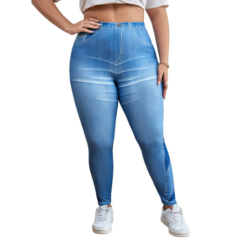 Sanviglor Ladies Printed Denim Jeggings Elastic Waisted Plus Size Look  Print Leggings Heart Fake Jeans Fruit Trousers Yoga Bottoms Light Blue 0XL  