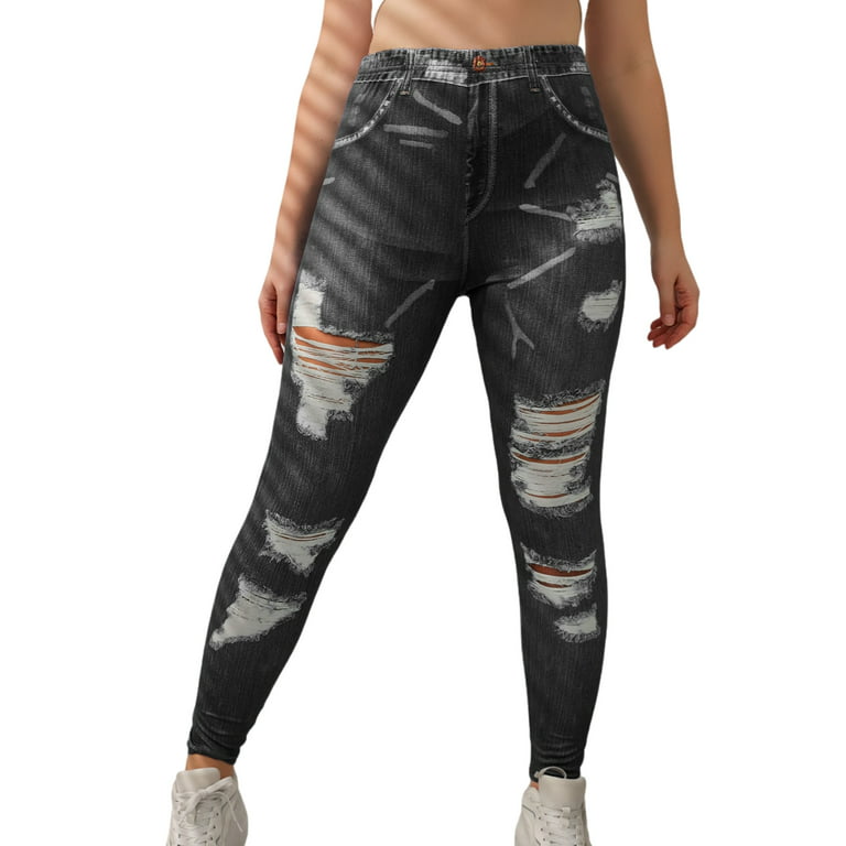 Sanviglor Women Printed Denim Jeggings Plus Size Fake Jeans Oversized Look  Print Skinny Pencil Pants Yoga Trousers Ripped Black 5XL