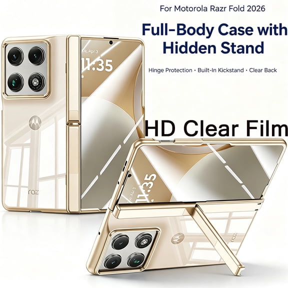Sanwo Case for Motorola Razr Fold 2026,Rugged Cover with Hinge Protection & Hidden Kickstand,Built-in Screen Protector Slim Glossy Full-Body Cover,Gold(HD Film)