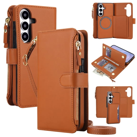 Sanwo Crossbody Wallet Case for Samsung Galaxy S26, 2-in-1 Detachable Magnetic Phone Cover with RFID Blocking Card Slots and Zipper Purse, Removable Shoulder Strap Wristlet Folio Kickstand, Brown