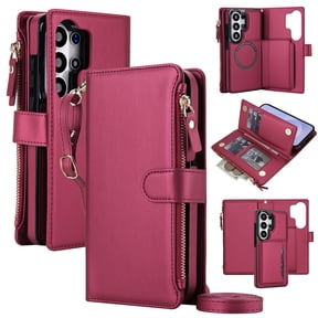 Sanwo Crossbody Wallet Case for Samsung Galaxy S26 Ultra, 2-in-1 Detachable Magnetic Phone Cover with RFID Blocking Card Slots and Zipper Purse, Removable Shoulder Strap Wristlet Folio Kickstand, Red