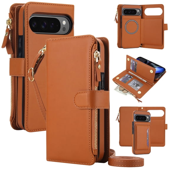 Sanwo Crossbody Wallet Case for Google Pixel 11 Pro, 2-in-1 Detachable Magnetic Folio with RFID Card Holder, Zipper Pocket, Strap & Kickstand, Brown