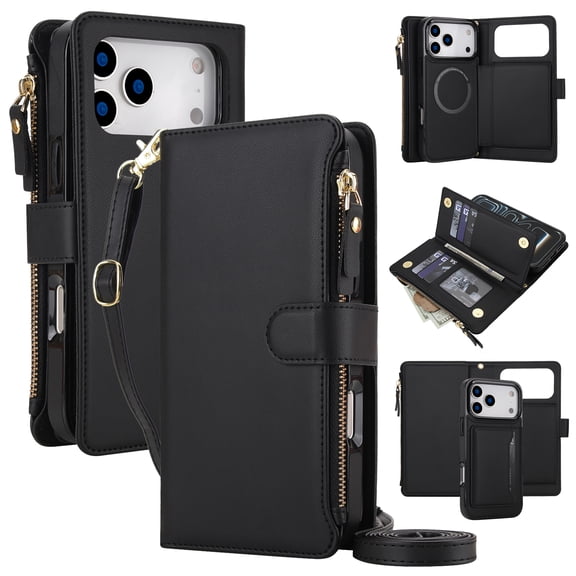 Sanwo Crossbody Wallet Case for iPhone 18 Pro, 2-in-1 Detachable Magnetic Folio with RFID Card Holder, Zipper Pocket, Strap & Kickstand, Black