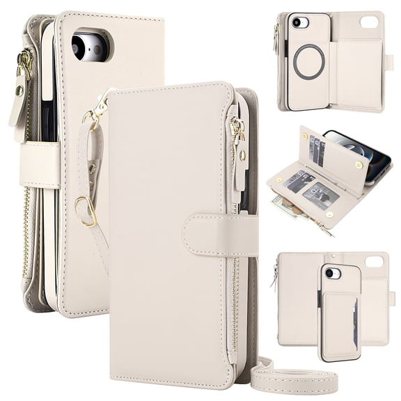Sanwo Crossbody Wallet Case for iPhone 16e/17e, 2-in-1 Detachable Magnetic Phone Cover with RFID Blocking Card Slots and Zipper Purse, Removable Shoulder Strap Wristlet Folio Kickstand, Apricot