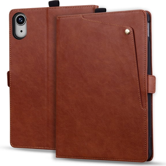 Sanwo PU Leather Wallet Case for iPad Mini 7th 6th Generation, Shockproof Folio Cover with Front Pocket and Pen Holder, Auto Sleep Wake Screen Protection Raised Bezel, Brown