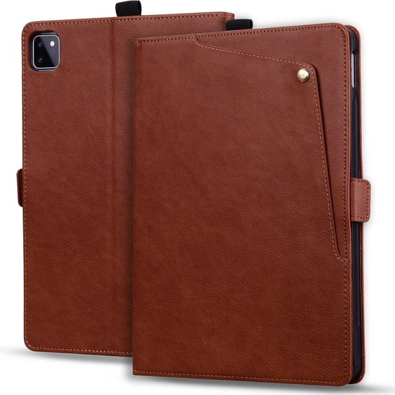 Sanwo PU Leather Wallet Case for iPad Pro 12.9 2021/Air13 2024 2025 2026, Shockproof Folio Cover with Front Pocket and Pen Holder, Auto Sleep Wake Screen Protection Raised Bezel, Brown