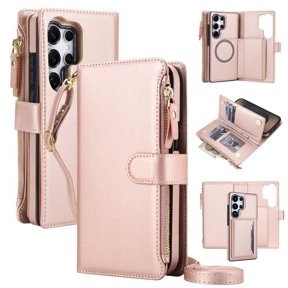 Sanwo for Samsung Galaxy S25 Ultra Crossbody Wallet Case, 2-in-1 Detachable Magnetic Folio Cover with RFID Card Slots, Zipper Pocket and Shoulder Strap, Rosegold