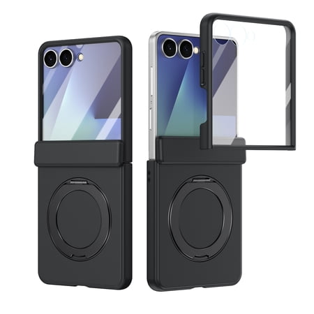 Sanwo for Samsung Galaxy Z Flip8 Case, Hard PC Shockproof Cover with Magnetic 360° Ring Kickstand&Screen Protector Included,Hinge Protection,Black