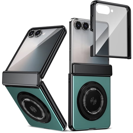 Sanwo for Samsung Galaxy Z Flip 8 Case with Magnetic Ring Holder 360 Degree Rotatable Stand Front Screen Protector Hinge Protection Painted Aluminum Alloy Plate Protective Phone Cover, Green