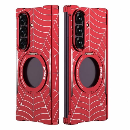 Sanwo for Samsung Galaxy Z Fold8 Ultra Case,Metal Spider Web Pattern Cover with Magnetic Ring Kickstand,Hinge Protection Shockproof Protective Case,Red