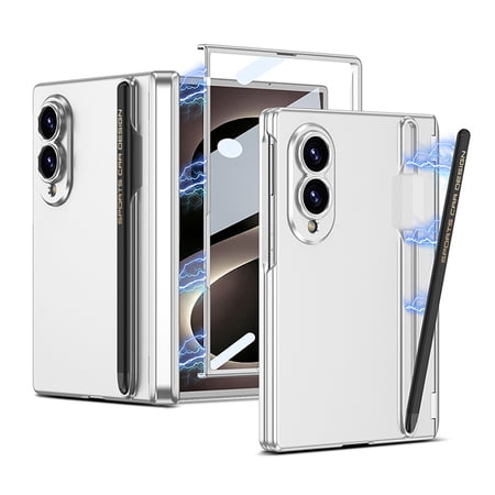 Sanwo for Samsung Galaxy Z Fold 8 Case, Built-in Screen Protector Magnetic Case with Included Stylus, Shock Absorbing Hard PC Cover,Silver