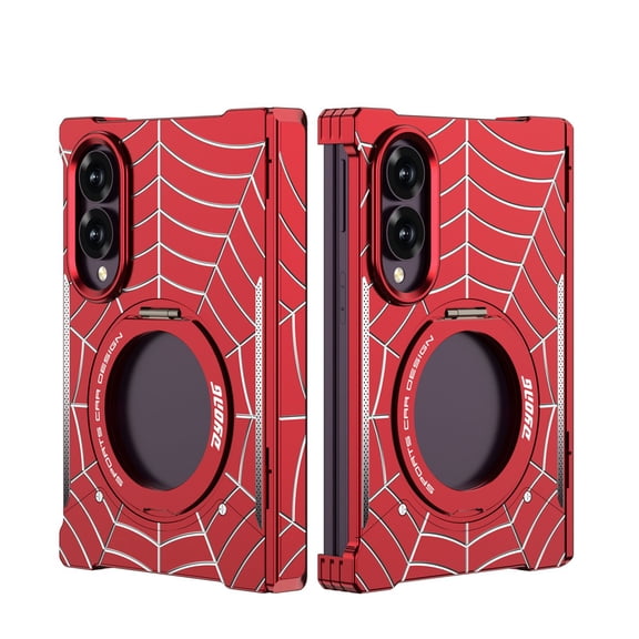 Sanwo for Samsung Galaxy Z Fold 8 Case,Metal Spider Web Pattern Cover with Magnetic Ring Kickstand,Hinge Protection Shockproof Protective Case,Red