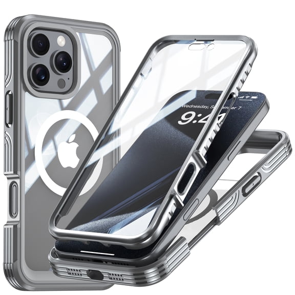 Sanwo for iPhone 16 Pro Max Case, Full Body Case with Built-in Screen Protector, Magnetic Clear PC Metal Frame Protective Case, Pink,Gray