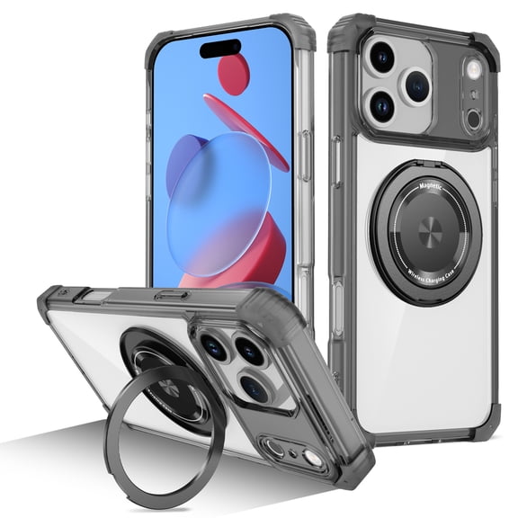 Sanwo for iPhone 17 Pro Max Case, Rugged PC+TPU Shockproof Protective Cover with 360° Rotating Kickstand, Wireless Charging Compatible,Black