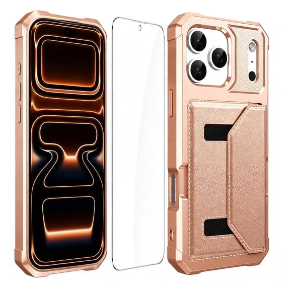 Sanwo for iPhone 17 Pro Max Case, Rugged Wallet Card Holder with Magnetic Closure, PC+TPU and PU Leather Shockproof Protective Cover, Rosegold