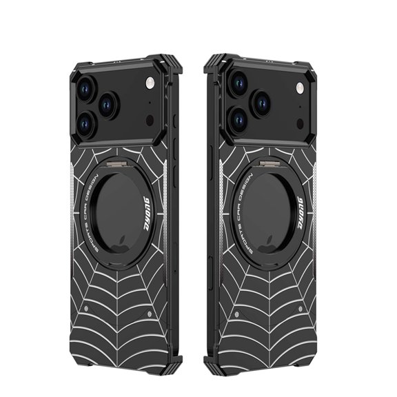 Sanwo for iPhone 18 Pro Max Case,Metal Spider Web Pattern Cover with Magnetic Ring Kickstand,Shockproof Protective Case,Compatible with Magsafe,Black