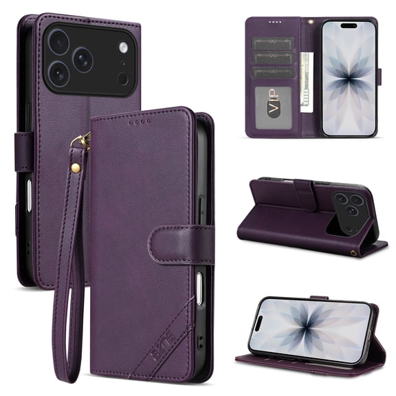 Sanwo for iPhone 18 Pro Wallet Case with RFID Blocking, Card Holder & Cash Slot, PU Leather Flip Cover with Wrist Strap,Shockproof Protective Case, Purple