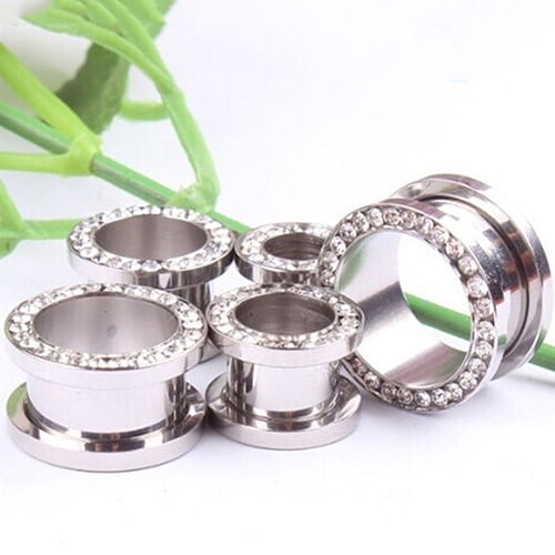 Sanwood 1Pair Rhinestone Stainless Piercing Ear Tunnels Plugs Gauges Ear Stretching Kits