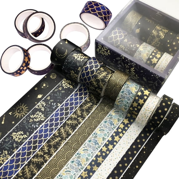 Sanwood Washi Tape, 10 Rolls Washi Tape Set Black Gold Foil Floral Decorative Masking Paper Sticker for Craft Scrapbook Journal DIY Gift Wrapping,Flower/Geometry/Star Design