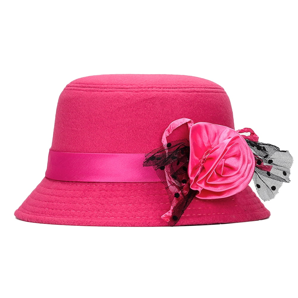 Sanwood Women Hat Rose Red,Vintage Women Solid Color Woolen Flower Decor  Wide Brim Warm Cloche Bowler Hat 