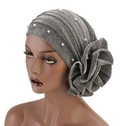 Sanwood Women Hat Silver,Fashion Faux Pearl Decor Big Flower Women Elastic Hat Soft Head Wrap Cap Gifts