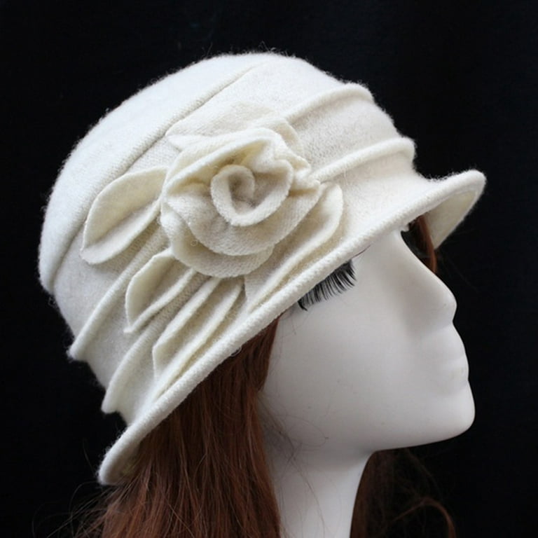 Sanwood Women Hat White,Vintage Women Wool Church Cloche Flapper Hat Lady Bucket Winter Flower Cap, adult Unisex, Size: One Size