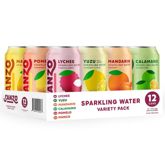 Sanzo Flavored Sparkling Water Variety Pack, Lychee, Calamansi, Yuzu, Pomelo, Mango, Mandarin, 12 fl oz, 12 Pack Cans