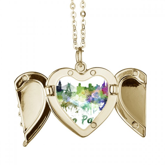 Sao Paula Brazil City Watercolor Folded Wings Peach Heart Pendant Necklace