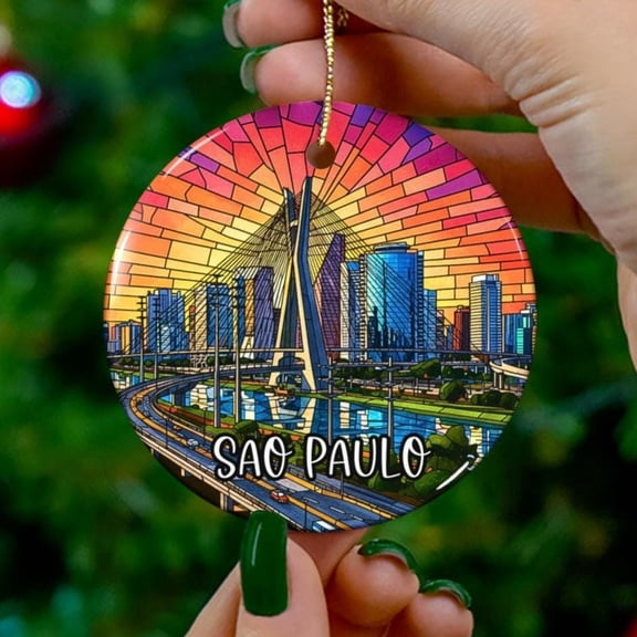 Sao Paulo Brazil Faux Stained Glass Style Ornament Souvenir Vacation Travel Gift Holiday Christmas Decor 2D FLAT Ceramic Ornament