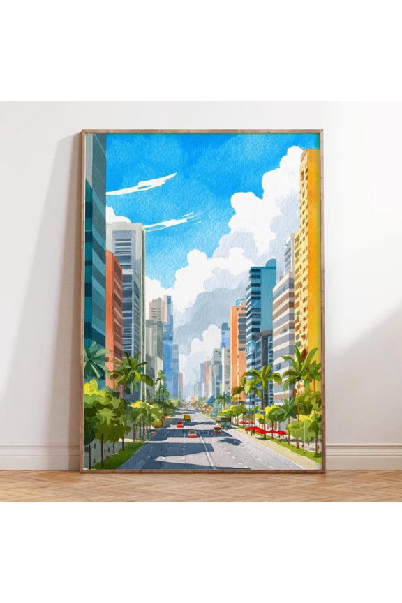 Sao Paulo Brazil Modern Urban Avenue City Wall Decor, Unframed Paper Print Size 12x18