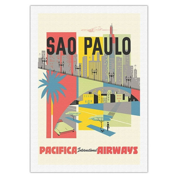 Sao Paulo Brazil - Pacifica International Airways - Vintage Airline Travel Poster c.1960s - Fine Art Rolled Canvas Print 27in x 40in