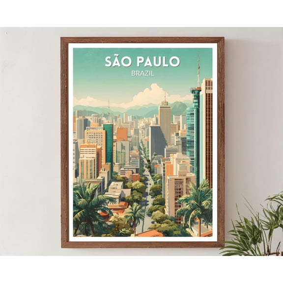 Sao Paulo Brazil Retro Travel Mid Century Modern Wall Art Vintage Cityscape Decor Home Art, Unframed Poster