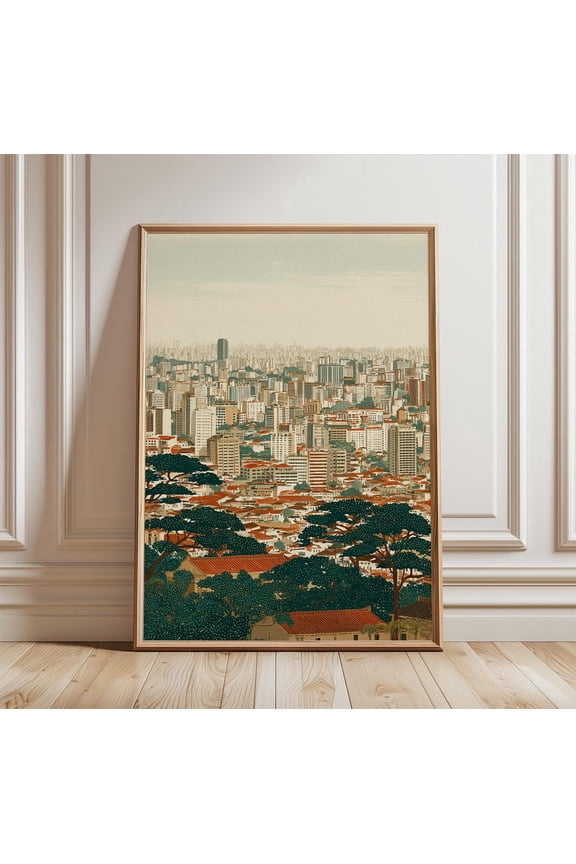 Sao Paulo Cityscape Art Modern Brazilian Skyline Teal Green Wall Decor South American Urban Illustration, Unframed Paper Print