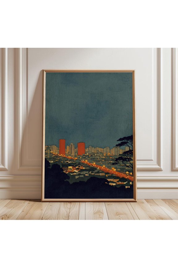Sao Paulo Skyline Art Brazil Cityscape Dark Teal Night Wall Decor Urban Landscape Illustration, Unframed Paper Print