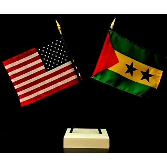 Sao Tome Desk Flag Set; Contains One USA and One Country Flag with a White Crossed Base, American Made