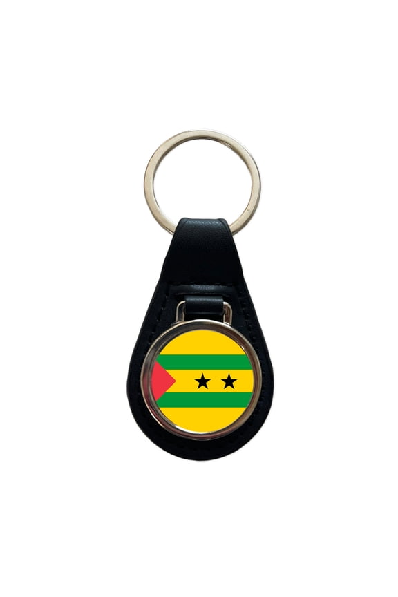 Sao Tome and Principe Country Flag Metal Black Leather Keychain