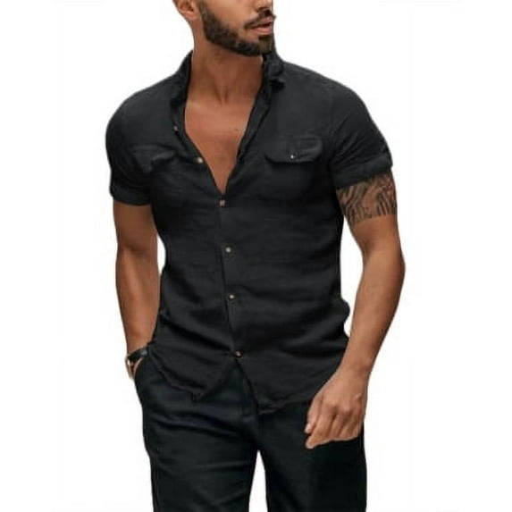 Saodimallsu Mens Linen Short Sleeve Button Down Shirts Summer Lightweight Beach Shirt