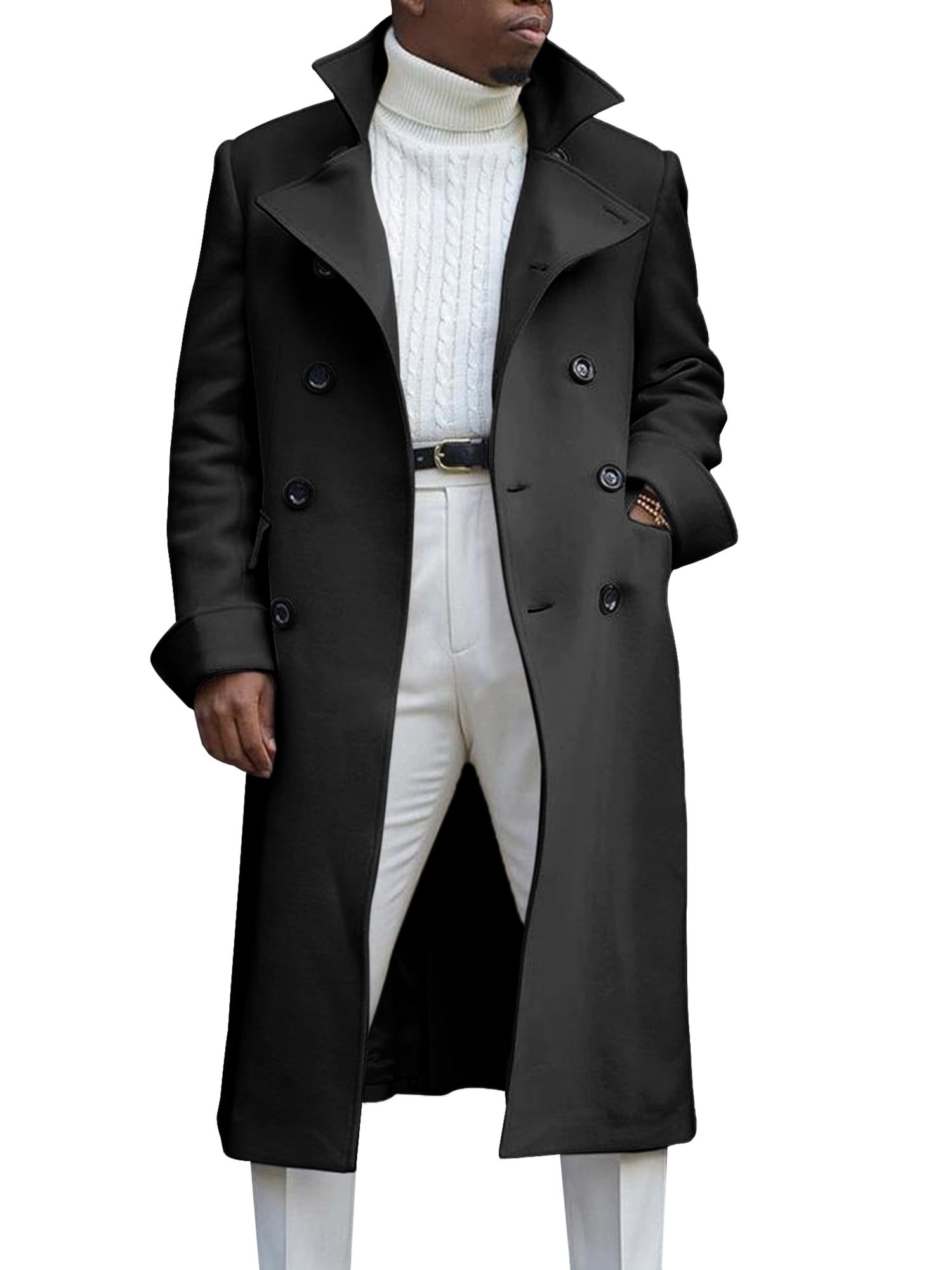 Saodimallsu Mens Notch Lapel Double Breasted Long Trench Coat 