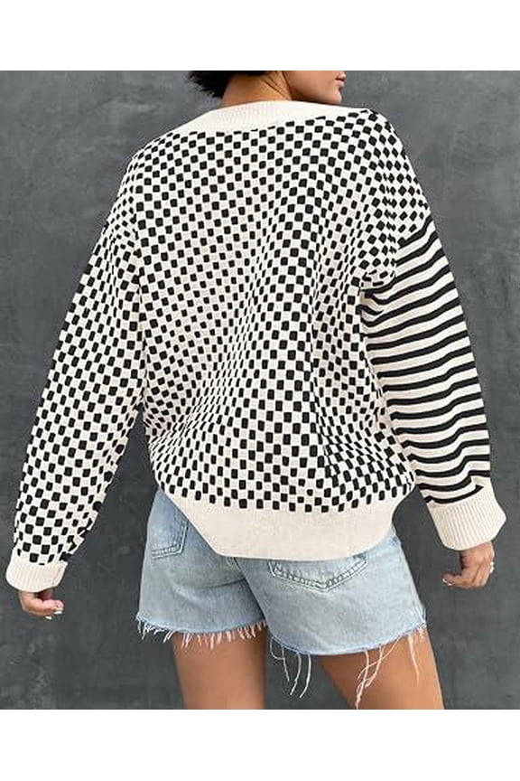 Womens Checkered Striped Sweater V Neck Long Sleeve Fall Trendy Loose Knit Cozy Pullover Tops Apricot