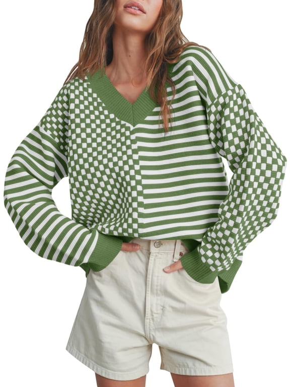 Womens Checkered Striped Sweater V Neck Long Sleeve Fall Trendy Loose Knit Cozy Pullover Tops Army Green