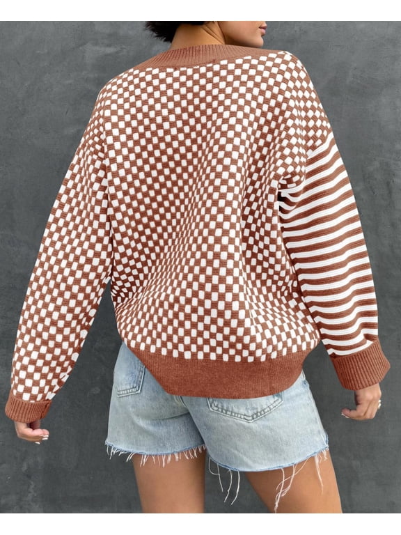 Womens Checkered Striped Sweater V Neck Long Sleeve Fall Trendy Loose Knit Cozy Pullover Tops Brown
