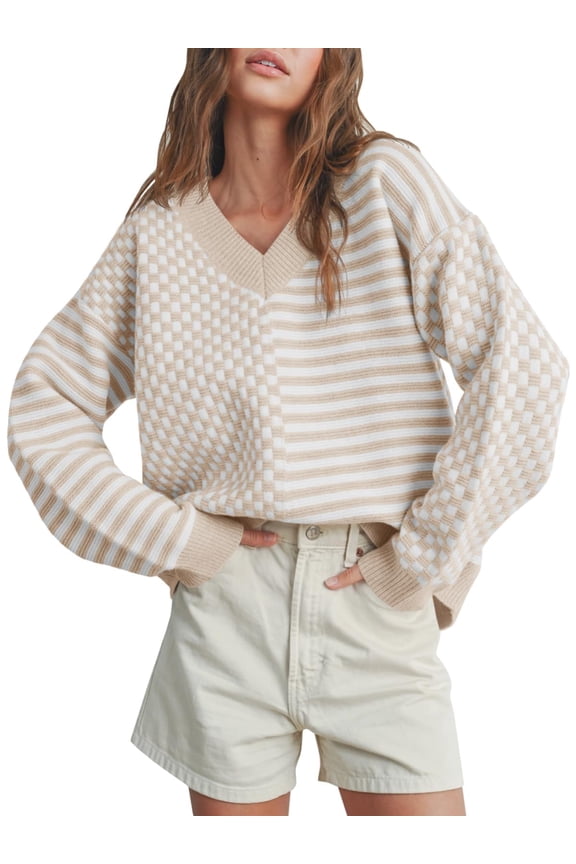 Womens Checkered Striped Sweater V Neck Long Sleeve Fall Trendy Loose Knit Cozy Pullover Tops Khaki