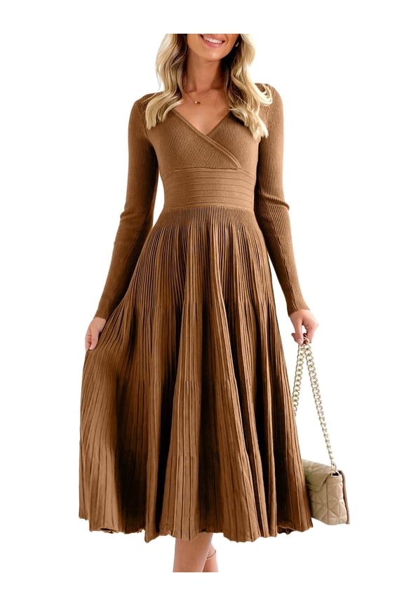 Womens Long Sleeve Midi Sweater Dress Wrap V Neck Pleated A Line Fit Flare Elegant Knit Maxi Dress Brown