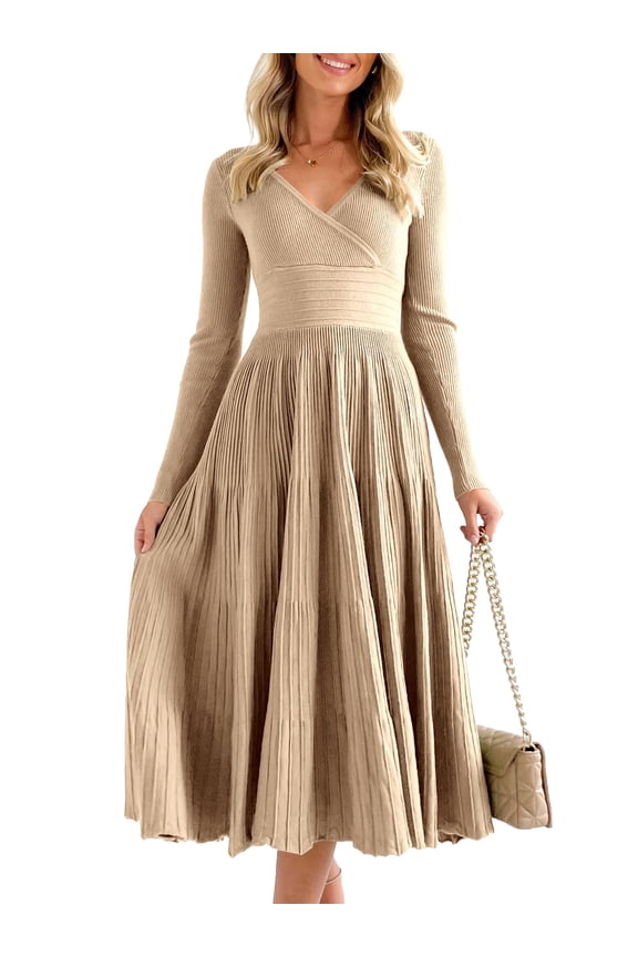 Womens Long Sleeve Midi Sweater Dress Wrap V Neck Pleated A Line Fit Flare Elegant Knit Maxi Dress Khaki