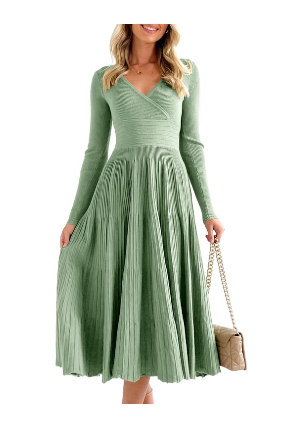 Womens Long Sleeve Midi Sweater Dress Wrap V Neck Pleated A Line Fit Flare Elegant Knit Maxi Dress Light Green
