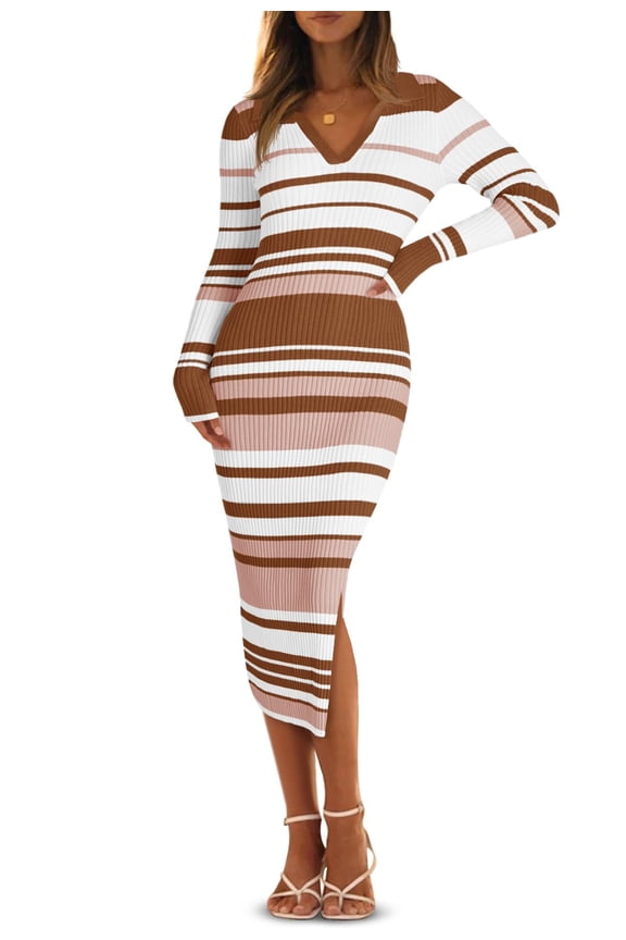 Womens Striped Sweater Dress V Neck Collared Slim Fit Fall Knit Trendy Sexy Bodycon Slit Midi Dresses Brown