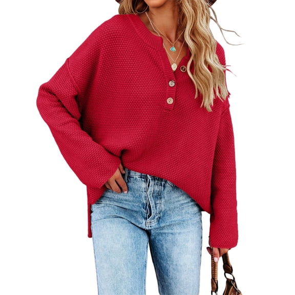 Saodimallsu Womens V Neck Oversized Sweaters Batwing Long Sleeve Button Henley Tops Pullover Loose Chunky Knitted Jumper Red